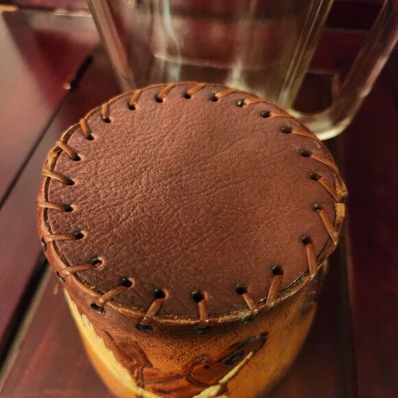 Vintage Green Glass Beer Pitcher With Handcrafted Leather Horse Design Wrap - Picture 7 of 14